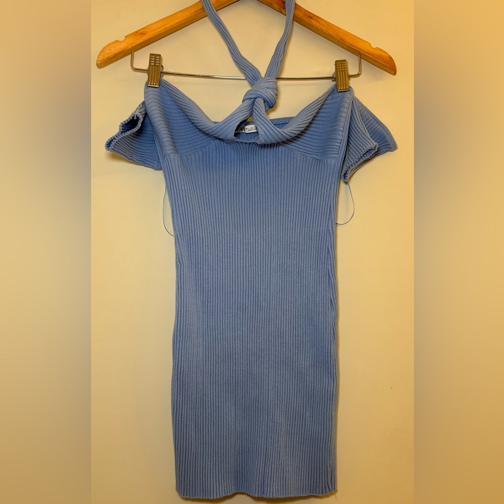 ZARA Blue Ribbed Off-Shoulder Dress